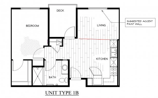 Floor plan for 1 bed, 1 bath, 649 sqft